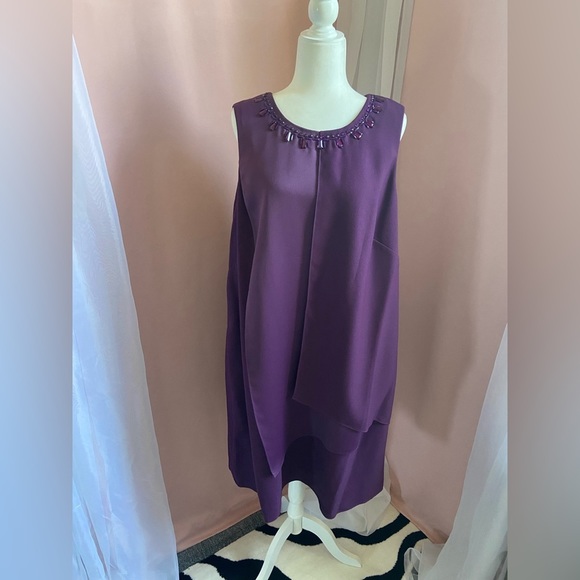 Adrianna Papell Layered Purple Plum Wine Sleeveless Bedazzled Midi‎ Dress : BB60 - Picture 1 of 14